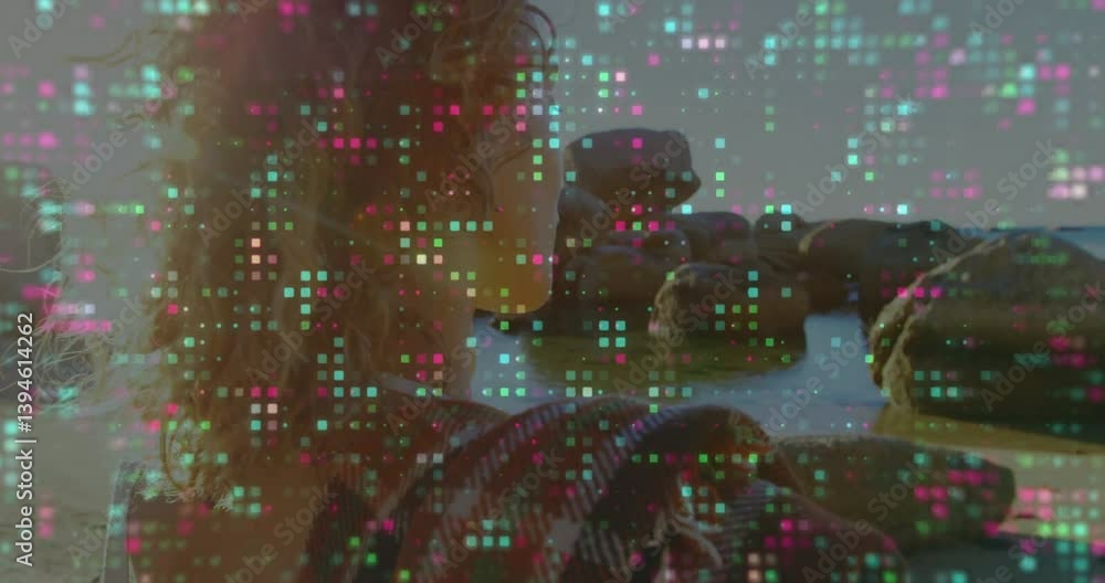 Poster curly-haired person by water with colorful digital data animation overlay