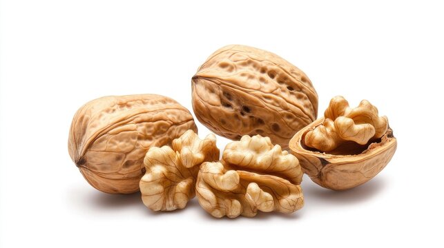Fresh Shelled and Unshelled Walnuts on a Clean White Background for Nutritional Uses