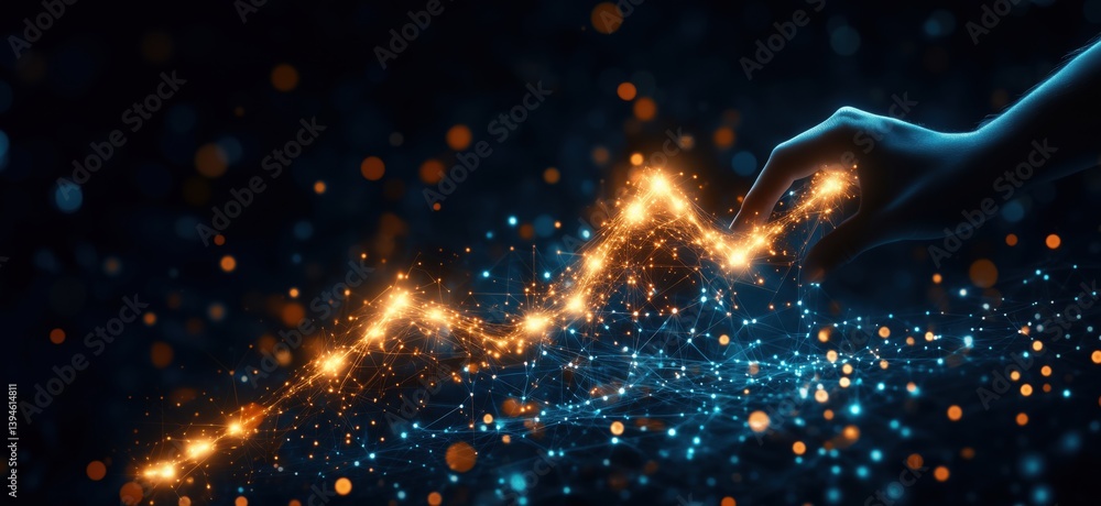 Poster hand manipulating data visualization with glowing graph lines and dots