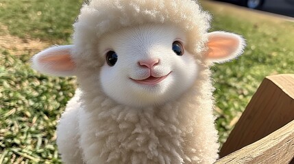 Charming little lamb shows off its adorable smile in a sunny meadow, radiating pure joy and warmth on a lovely spring day