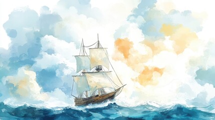 Obraz premium A serene watercolor painting of a sailing ship navigating through gentle waves under a sky filled with soft, colorful clouds.