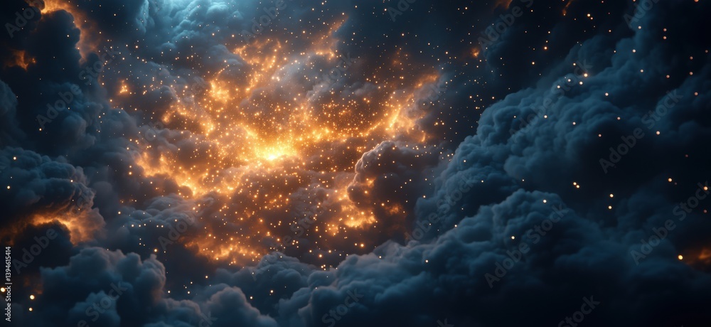 Poster cosmic explosion of stars and glowing clouds in deep space