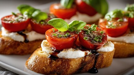 Delightful homemade bruschetta alla caprese garnished with fresh basil and balsamic reduction on a sophisticated dining table setting