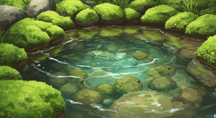 Obraz premium Serene Mossy Rocks and Clear Water in a Tranquil Forest Stream