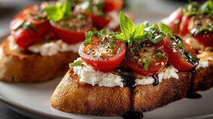 Homemade bruschetta alla caprese displayed elegantly on a sophisticated table, showcasing vibrant colors and textures ready to delight any palate
