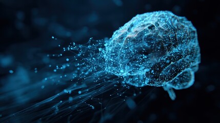 Digital transformation of the human brain with particles dissolving into data streams in a futuristic matrix background