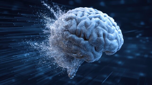 Exploring the fusion of human consciousness and digital worlds through the brain dissolving into data streams against a futuristic backdrop