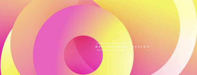 Abstract colorful layers create dynamic circular composition. Gradient hues blend from pink, yellow, orange offering smooth visual experience. Modern design element.