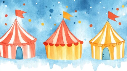 Fototapeta premium Colorful circus tents against a blue watercolor background, featuring stripes and flags, creating a whimsical and festive atmosphere.