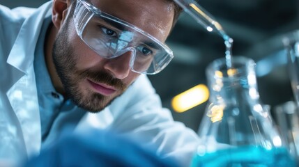 Focused male scientist conducting a precise experiment with a chemical solution in a bright laboratory environment filled with advanced equipment and vibrant colors