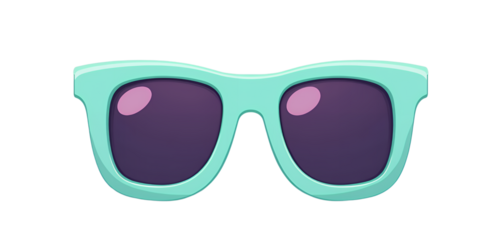 Cartoon Sunglasses, Teal Frame, Purple Lens, Transparent Background.