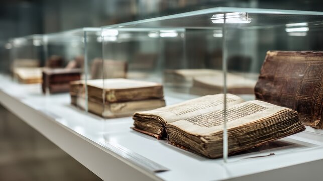 Exhibition of ancient Slavic literature showcasing cultural heritage, displayed under glass in a contemporary museum setting with focused lighting