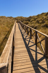 Fototapeta premium Wooden walkway on dunes at Cala Mesquida, Mallorca, Spain.