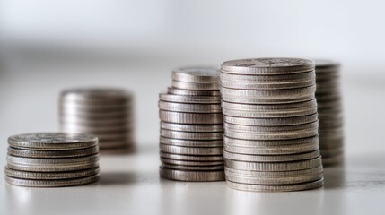 Stacked coins illustrate the theme of savings and finance on a pristine white table, capturing details of wealth accumulation and fiscal responsibility