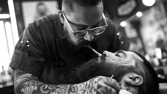 Bearded man getting his beard trimmed with a straight razor by a barber wearing glasses with tattoos on his arms.