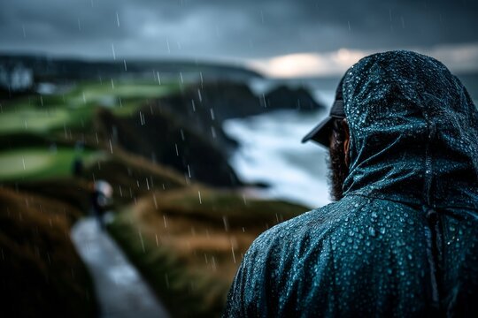 Golfer in Light Rain at Royal Portrush Amidst Cloudy Skies and Vibrant Green Landscape