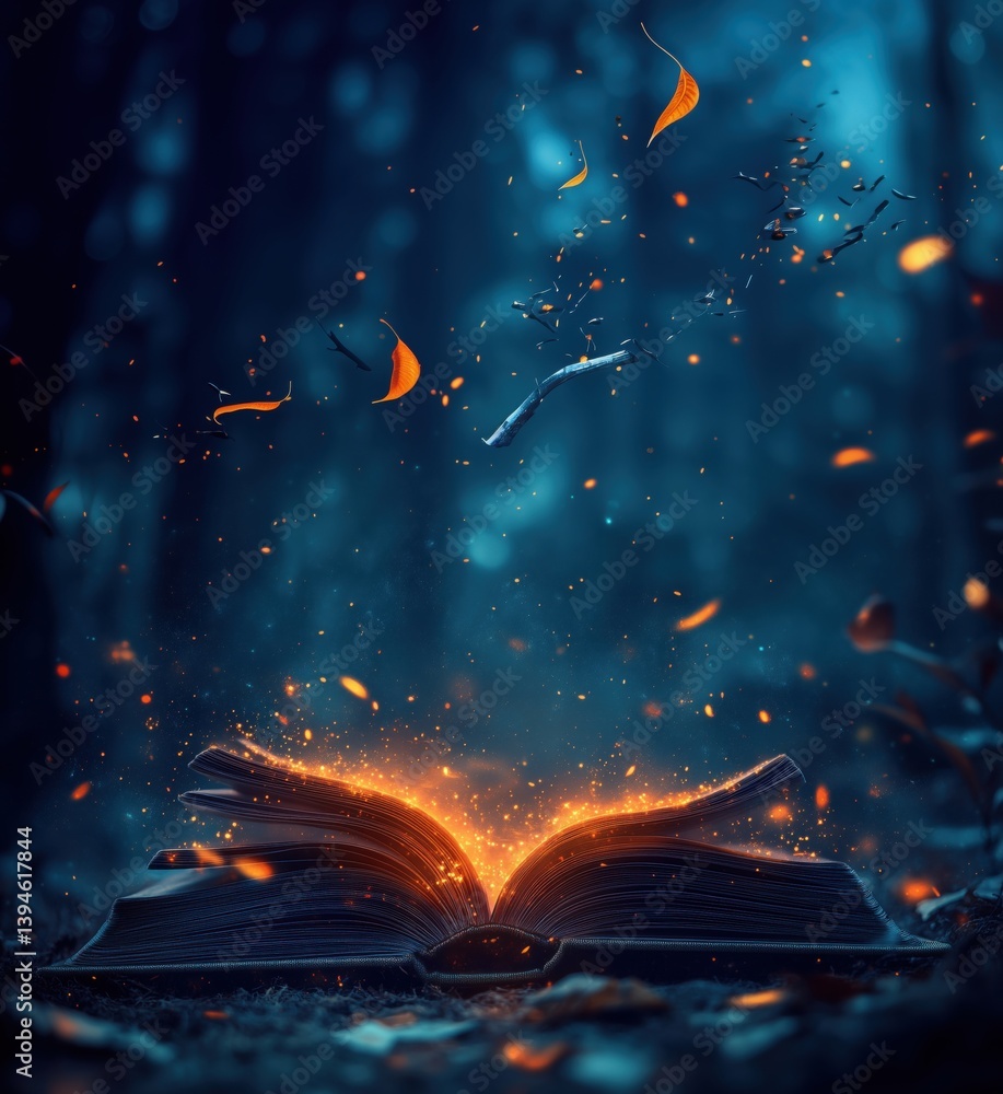 Poster magical open book emitting sparks and glowing light in enchanted forest setting