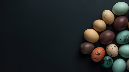 decorative eggs on a black flat lay background in studio with lighting, large copy space