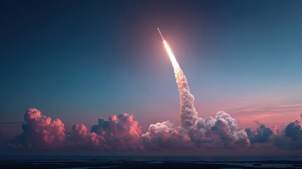 Exciting launch of a space rocket illuminating the twilight sky with a brilliant flame and billowing smoke, marking a pivotal moment in space exploration