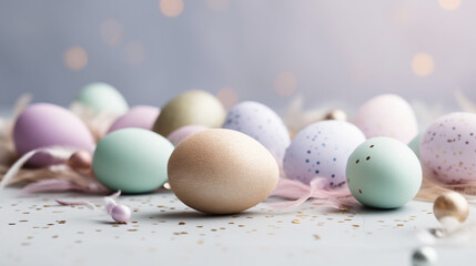 pastel easter eggs on a flat lay in studio lighting 