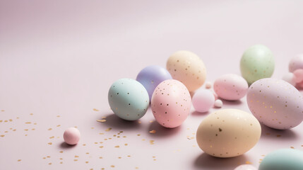 pastel easter eggs on a flat lay in studio lighting 