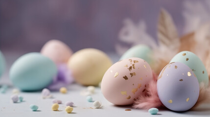 pastel easter eggs on a flat lay in studio lighting 