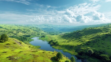 Naklejka premium stunning natural landscape with green hills, clean river and blue sky, peaceful spring environment, no people, Earth Day concept 