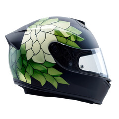 Fototapeta premium Png of Stylish motorcycle helmet featuring intricate leaf designs in green and cream tones, showcasing a modern aesthetic.