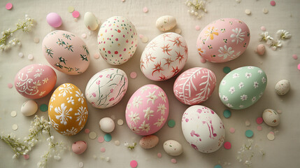 pastel easter eggs on a flat lay in studio lighting 