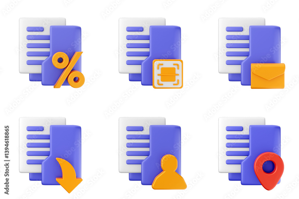 Fototapete 3d file folder document information archive icon set bundle