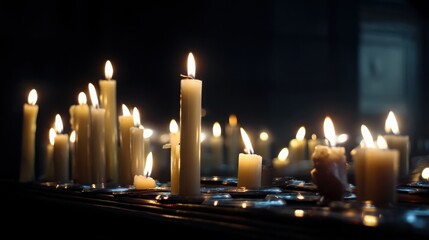 Lit candles in church, low angle, dark background, peace, remembrance.