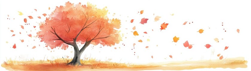Fototapeta premium A serene watercolor illustration of a vibrant autumn tree shedding colorful leaves in a gentle breeze.