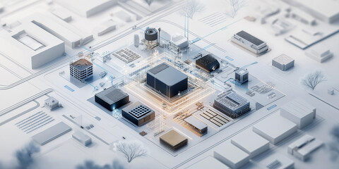 Innovations in quantum computing and materials science at technology research facility urban environment aerial view