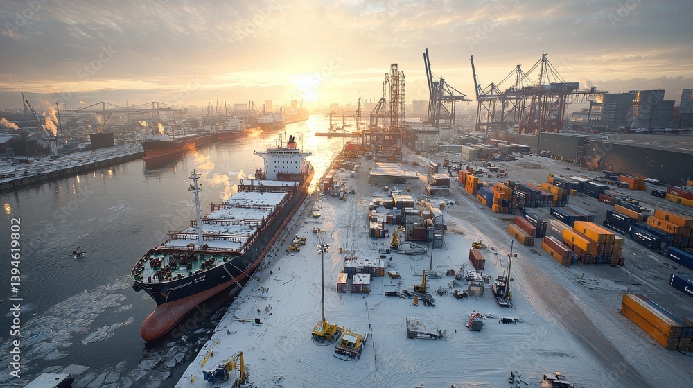 Poster bustling harbor scene at dawn with cargo ships shipping containers and towering cranes loading and u