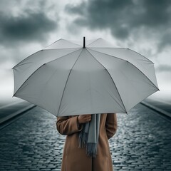 A Person Seeking Shelter Under a Large White Umbrella on a Rainy Day