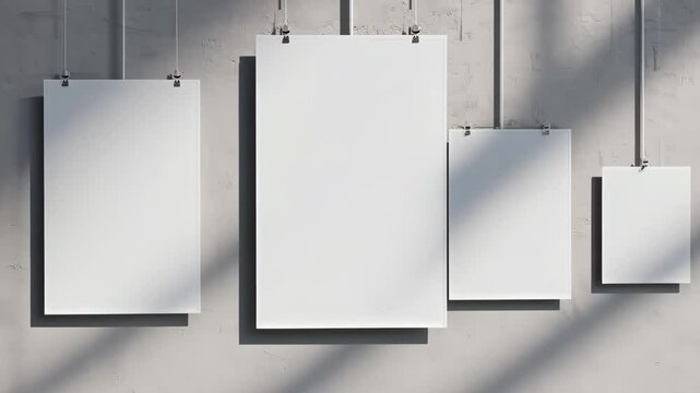 Four blank white paper posters hanging on concrete wall with shadow overlay