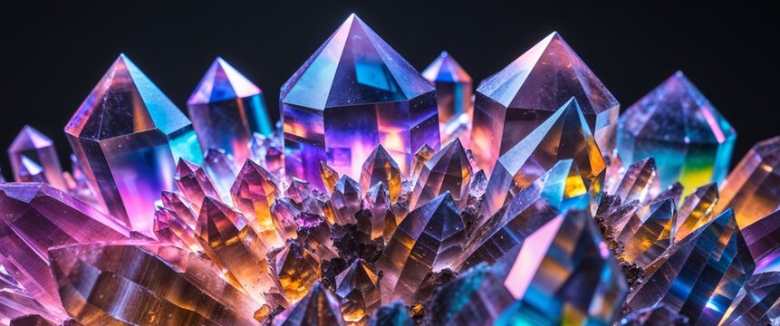 Colorful Crystal Formation with Geometric Shapes and Intense Light Play.