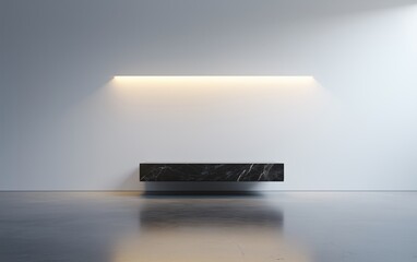 A seamless matte white wall with a soft spotlight on a floating black marble pedestal. The polished concrete floor reflects the ambient glow, enhancing the producta??s prominence.