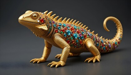 Obraz premium Ornate golden lizard sculpture, jewel-encrusted reptile, fantasy creature, intricate detailing, vibrant gemstones, metallic sheen, curved tail, spiky crest, red eyes, mythical beast..