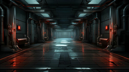 Dark Futuristic Corridor Interior with Metal Walls and Glowing Red Lights in a Long Industrial Hallway Perspective