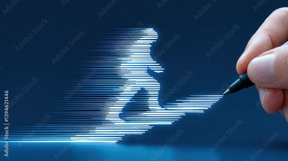 Poster a dynamic silhouetted figure moves with purpose through a rapidly unfolding digital landscape convey