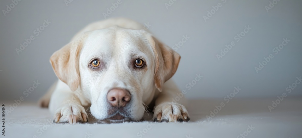 Poster labrador retriever with soulful eyes resting on soft surface in calm environment