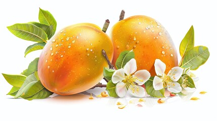 A realistic illustration of fresh mangoes and apricot flowers on the branch, isolated against a white background