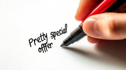 Close-up of a hand writing Pretty special offer with a marker, isolated on a white background