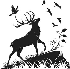  Majestic Deer Silhouette with Birds in Nature  Wildlife Vector Art