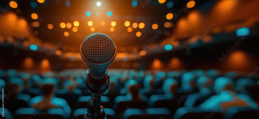Poster microphone in focus with audience in background at a live event or performance