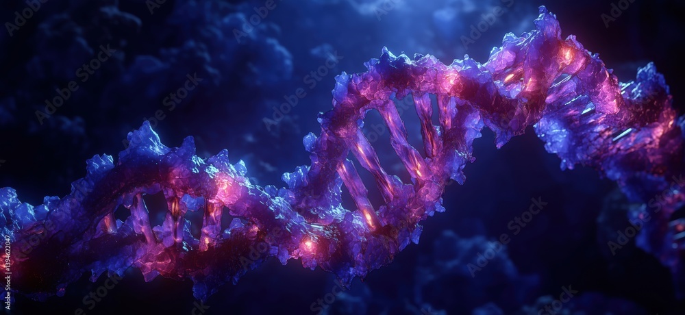 Poster 3d rendering of dna double helix structure with glowing crystals and vibrant colors