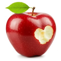 Pomme rouge avec feuille verte isolé sur fond blanc avec un croc en forme de coeur