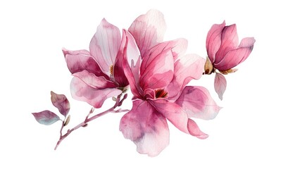 Watercolor pink magnolia flower with bud