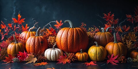 colorful pumpkins and fall foliage on dark background.